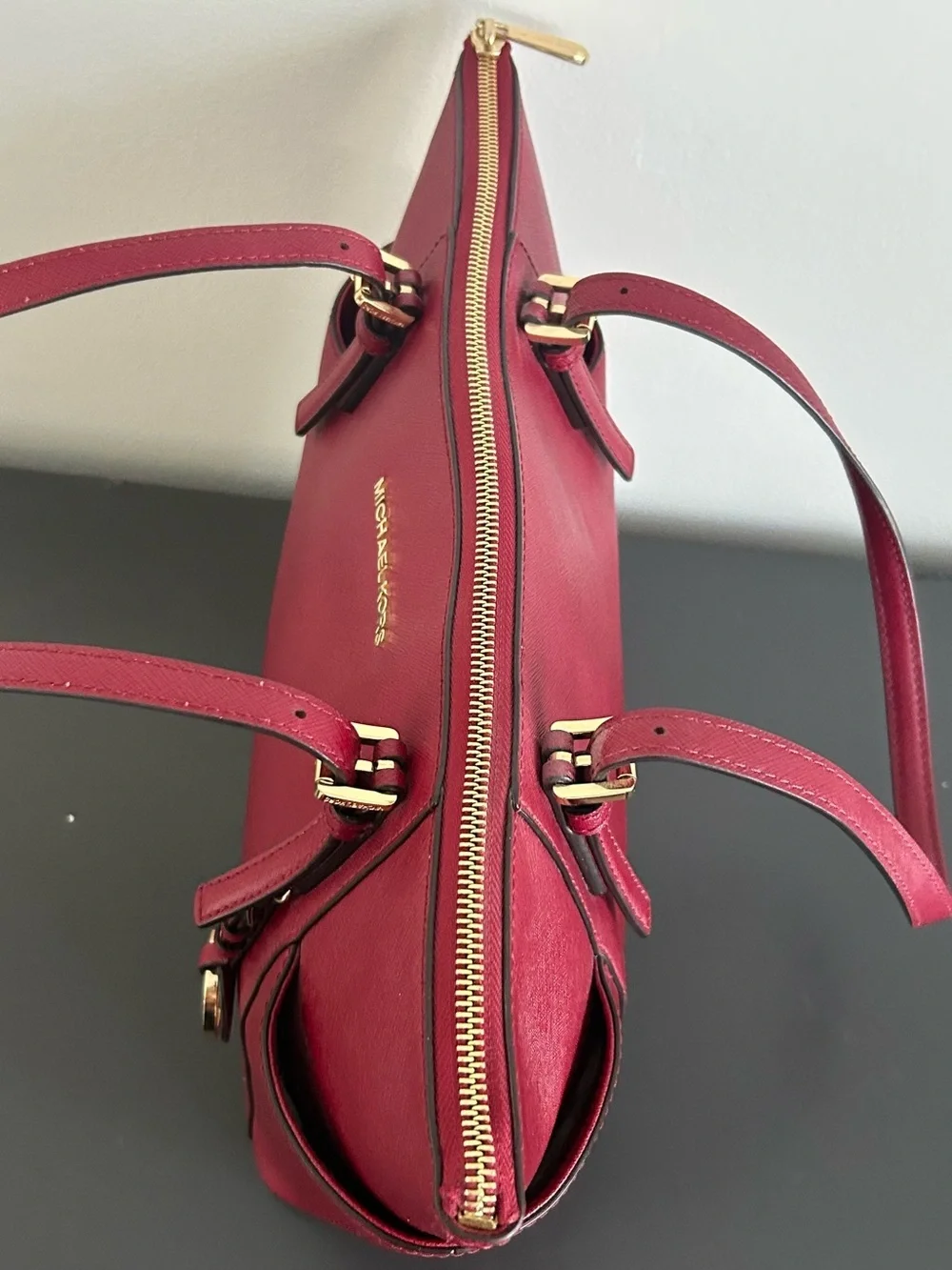 Michael Kors Burgundy Saffiano Leather Large Zip Tote Shoulder Work Bag